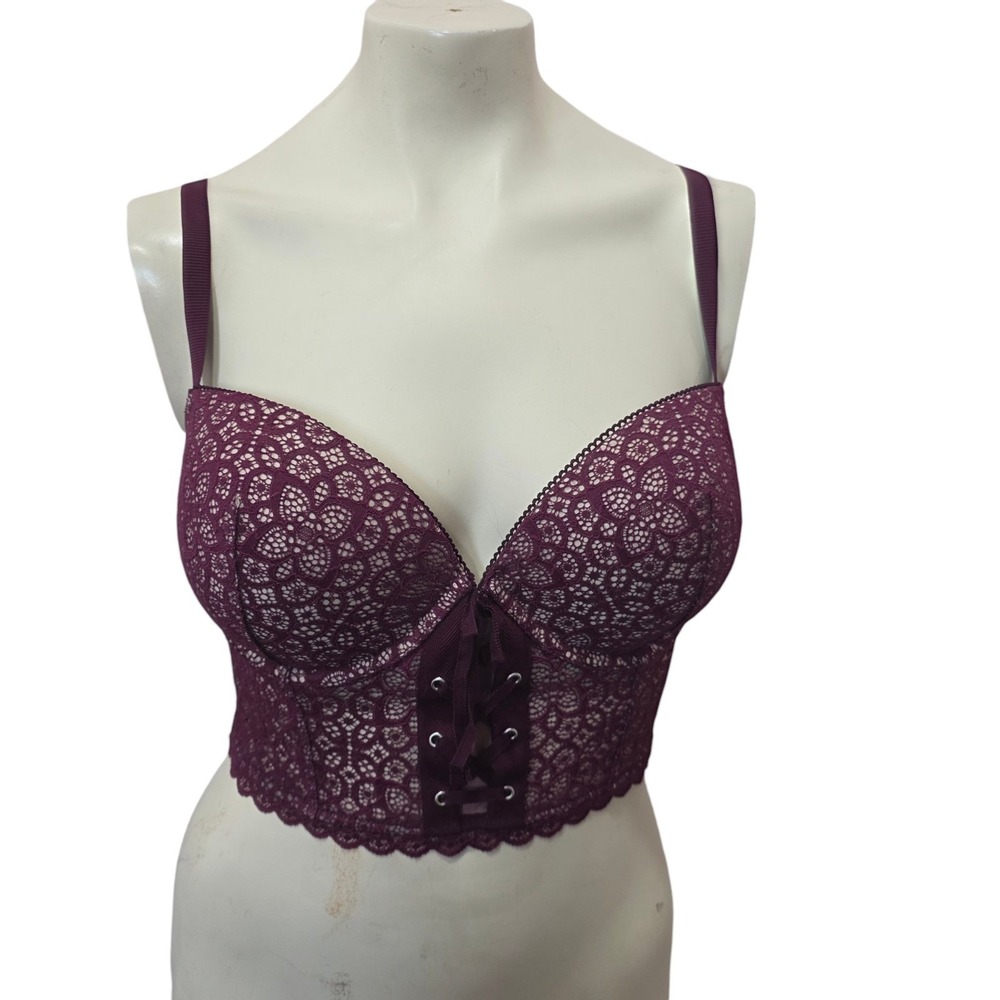 Victoria's Secret Lace Longline Bustier Bra 36DD Burgundy Padded Demi Corset